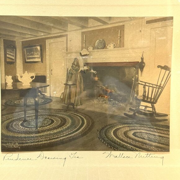 "Prudence Drawing Tea" Vintage Wallace Nutting Print In Wooden Frame - Picture 1 of 9